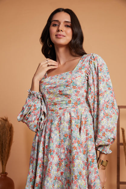 Floral Puff Sleeve Mini Dress with Flared Hem