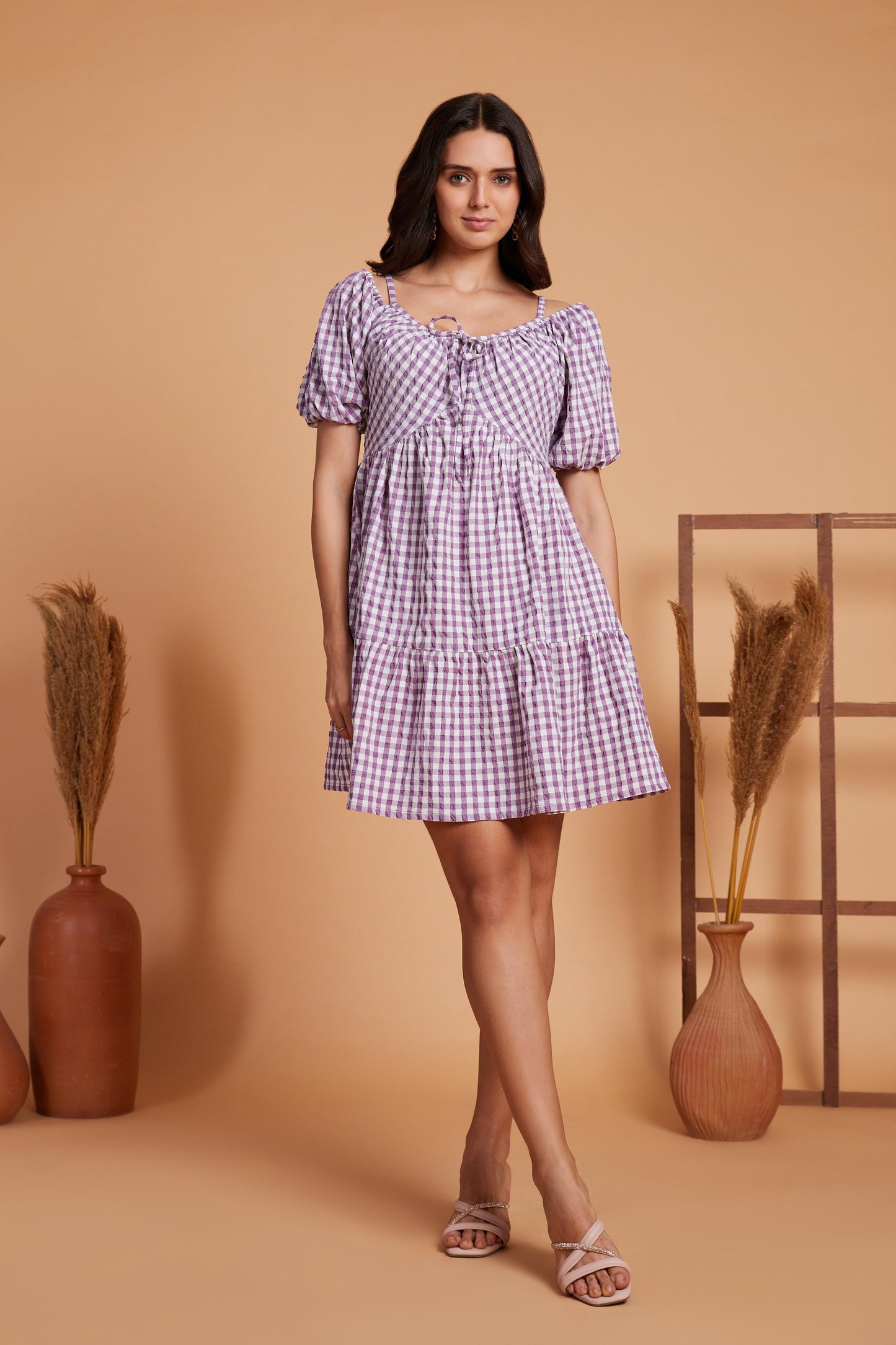 Gingham Tiered Mini Dress with Puff Sleeves