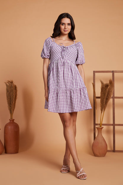 Gingham Tiered Mini Dress with Puff Sleeves