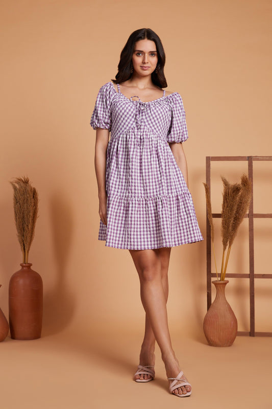 Gingham Tiered Mini Dress with Puff Sleeves