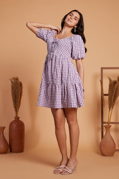 Gingham Tiered Mini Dress with Puff Sleeves