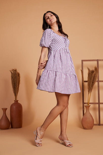 Gingham Tiered Mini Dress with Puff Sleeves