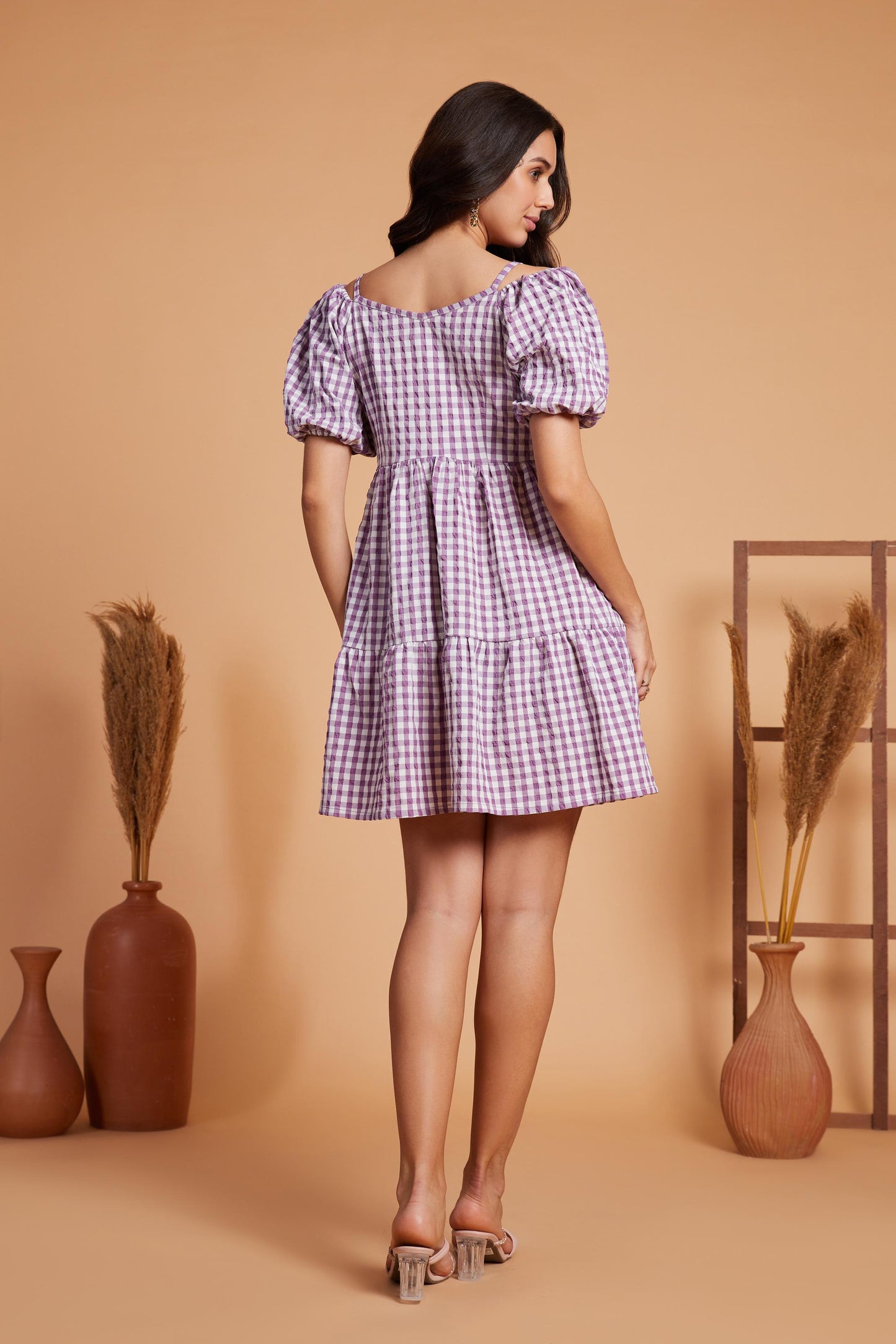 Gingham Tiered Mini Dress with Puff Sleeves