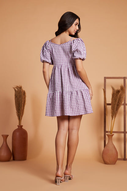 Gingham Tiered Mini Dress with Puff Sleeves