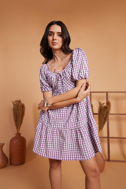 Gingham Tiered Mini Dress with Puff Sleeves