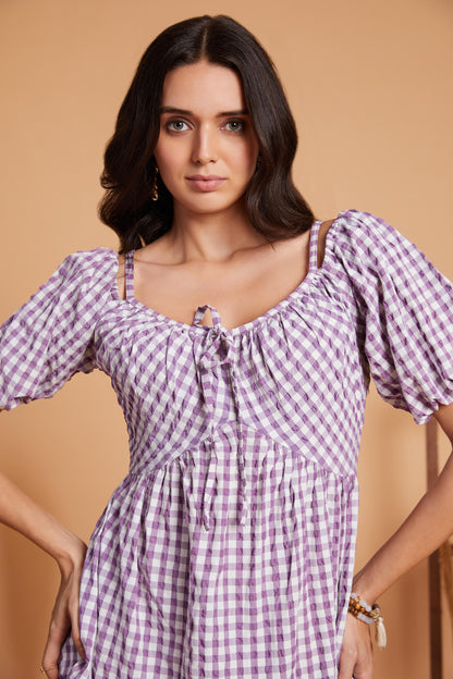 Gingham Tiered Mini Dress with Puff Sleeves