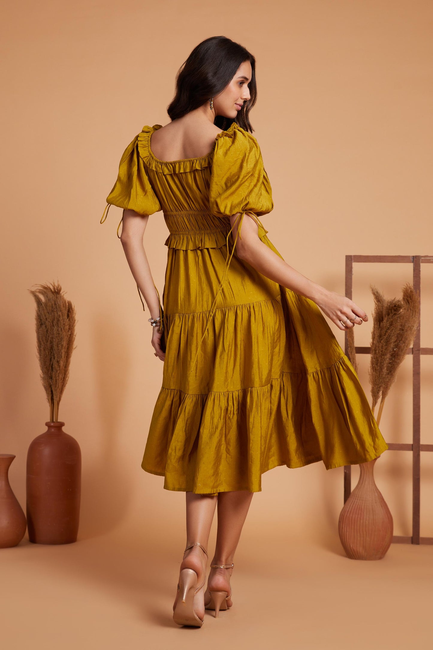 Tiered Midi Dress with Smocked Bodice and Puff Sleeves