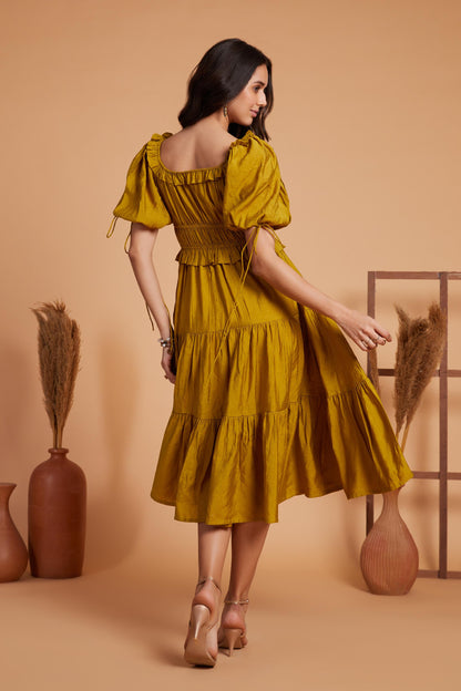 Tiered Midi Dress with Smocked Bodice and Puff Sleeves
