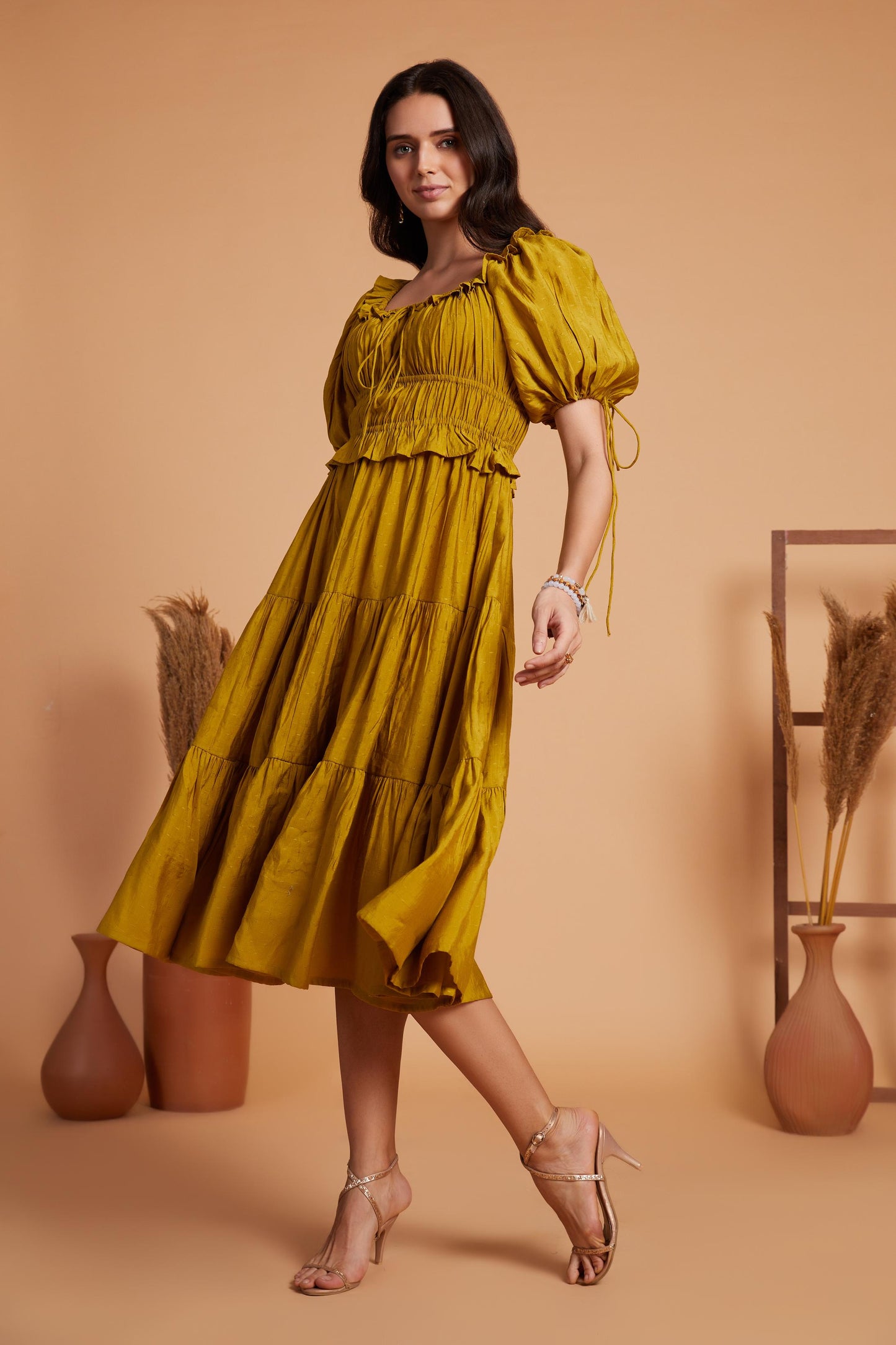 Tiered Midi Dress with Smocked Bodice and Puff Sleeves