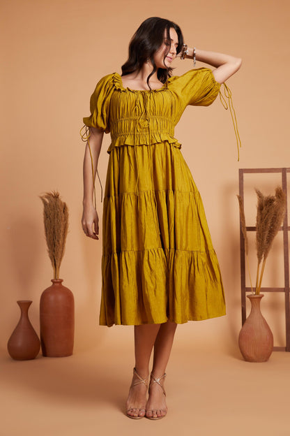 Tiered Midi Dress with Smocked Bodice and Puff Sleeves