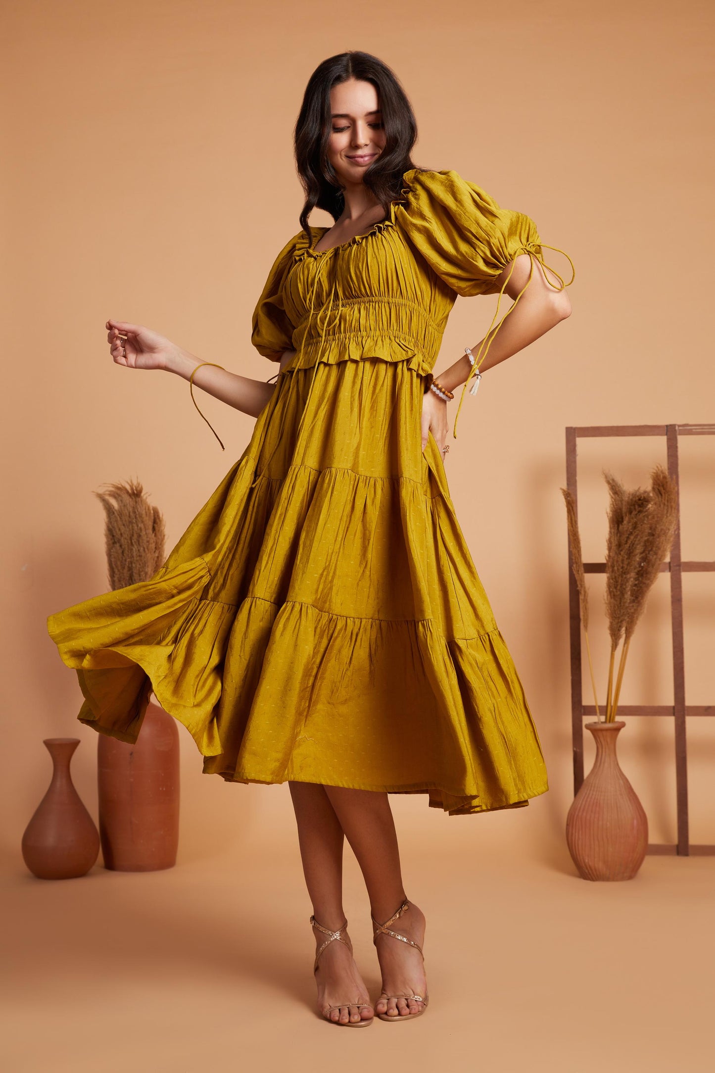 Tiered Midi Dress with Smocked Bodice and Puff Sleeves