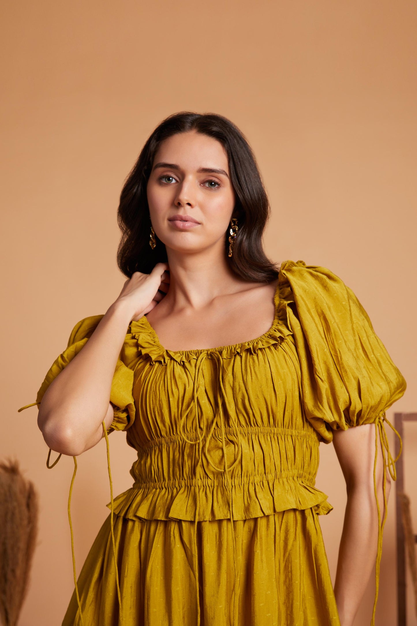 Tiered Midi Dress with Smocked Bodice and Puff Sleeves