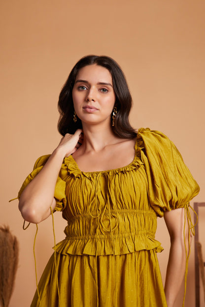 Tiered Midi Dress with Smocked Bodice and Puff Sleeves