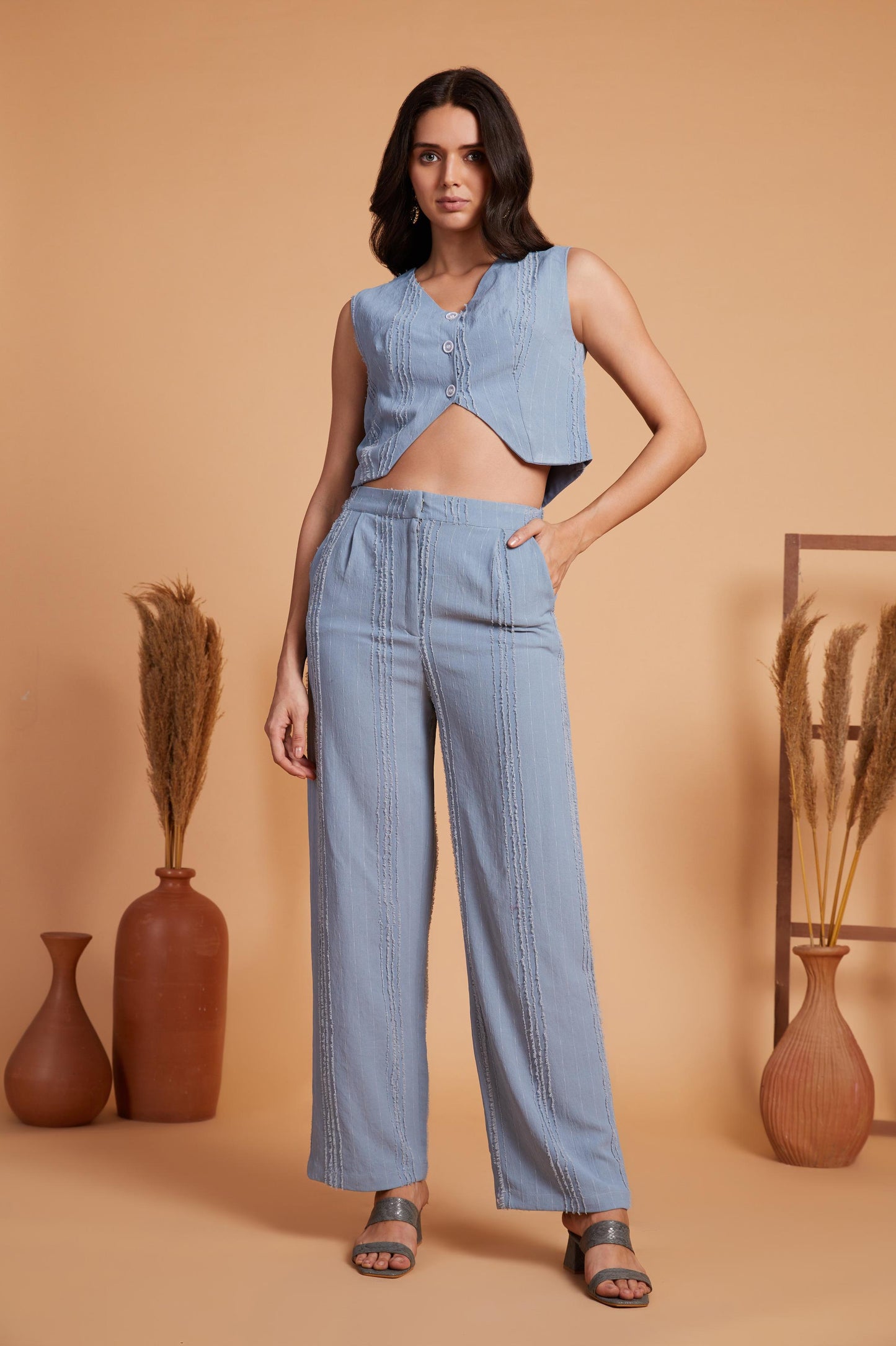 Blue Sleeveless Co-Ord Set with Textured Detailing