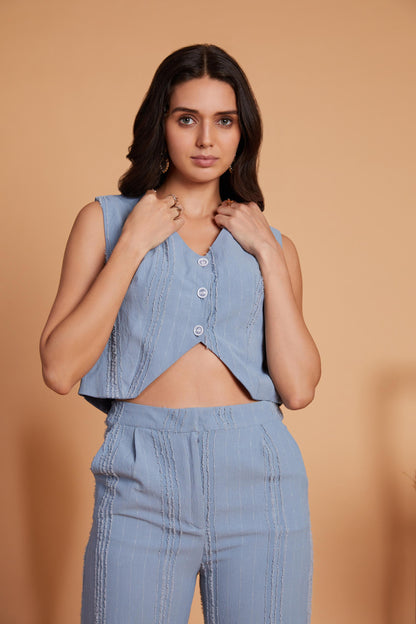 Blue Sleeveless Co-Ord Set with Textured Detailing