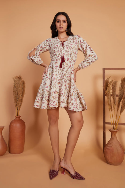 Floral Printed Mini Dress with Tassel Tie