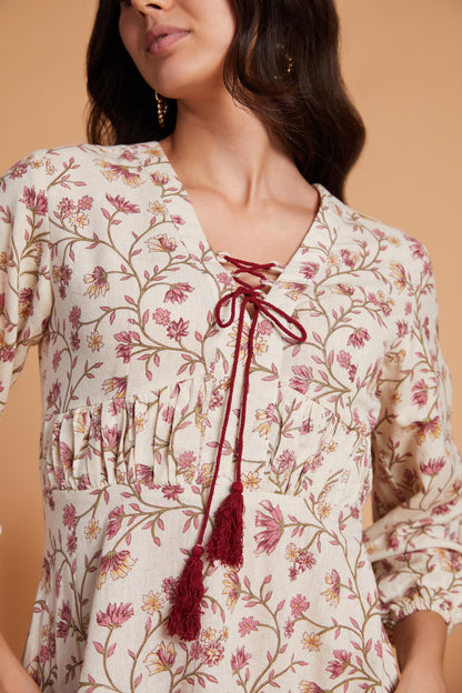 Floral Printed Mini Dress with Tassel Tie