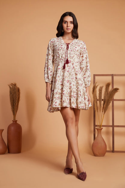 Floral Printed Mini Dress with Tassel Tie