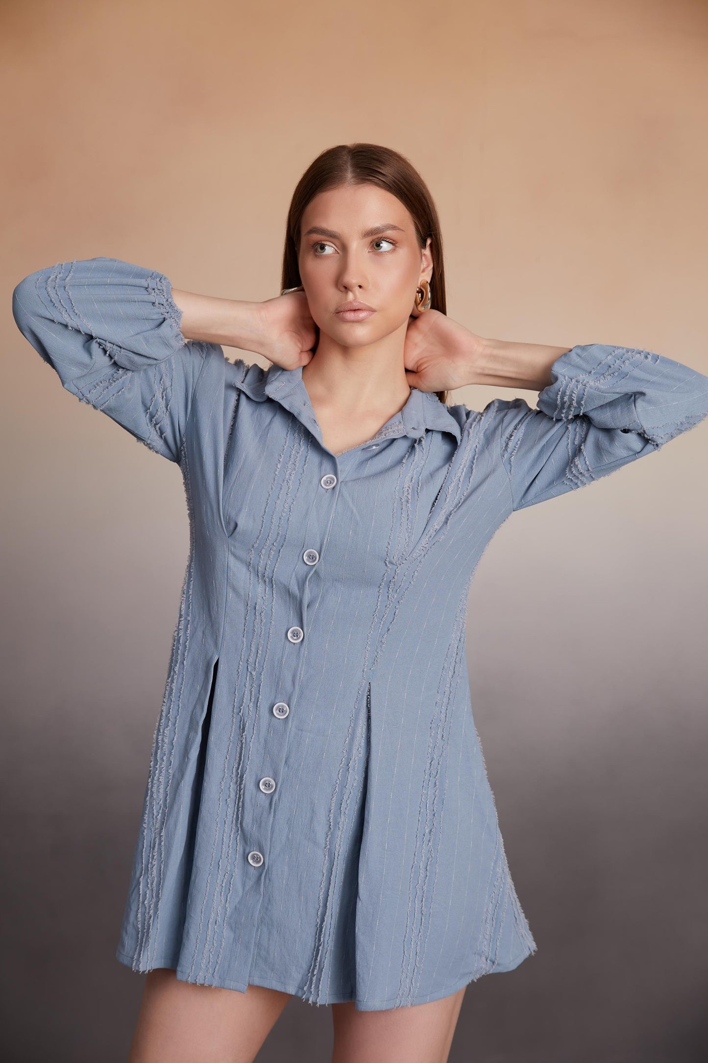 Button-Down Textured Mini Shirt Dress