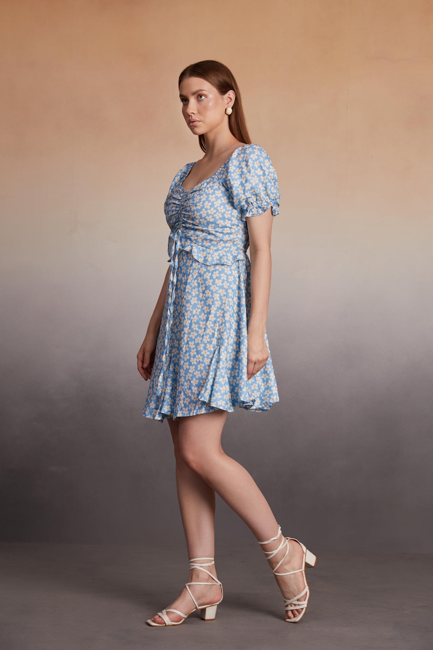 Daisy Print Rushed A-Line Mini Dress