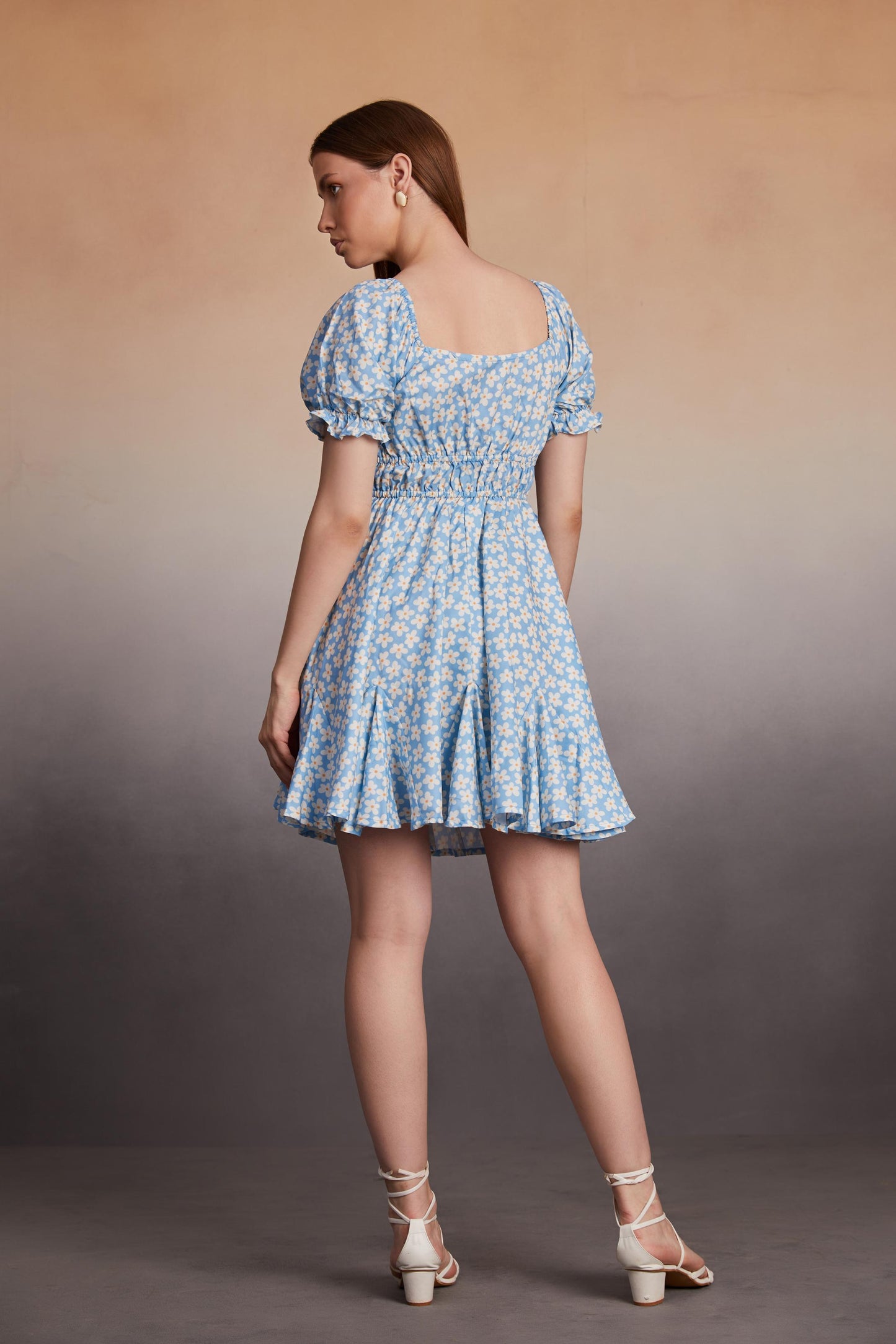 Daisy Print Rushed A-Line Mini Dress