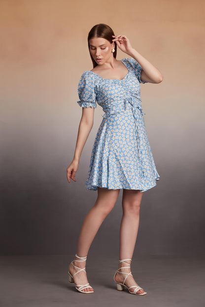 Daisy Print Rushed A-Line Mini Dress