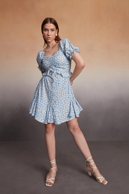 Daisy Print Rushed A-Line Mini Dress