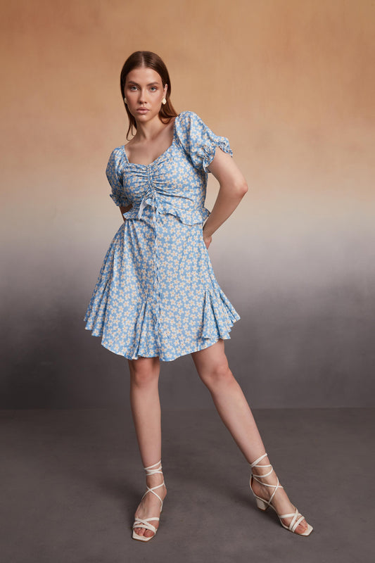Daisy Print Rushed A-Line Mini Dress