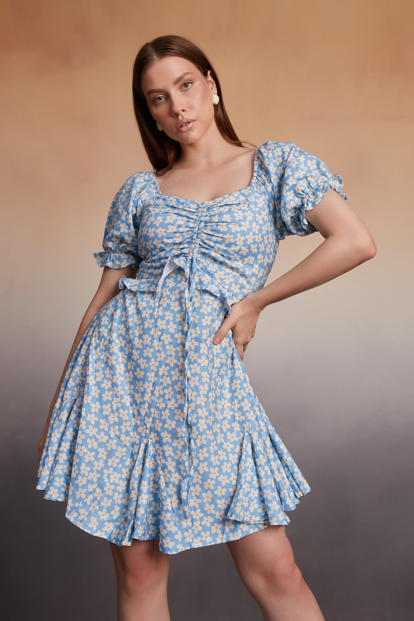 Daisy Print Rushed A-Line Mini Dress