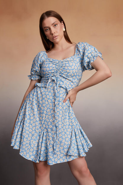 Daisy Print Rushed A-Line Mini Dress