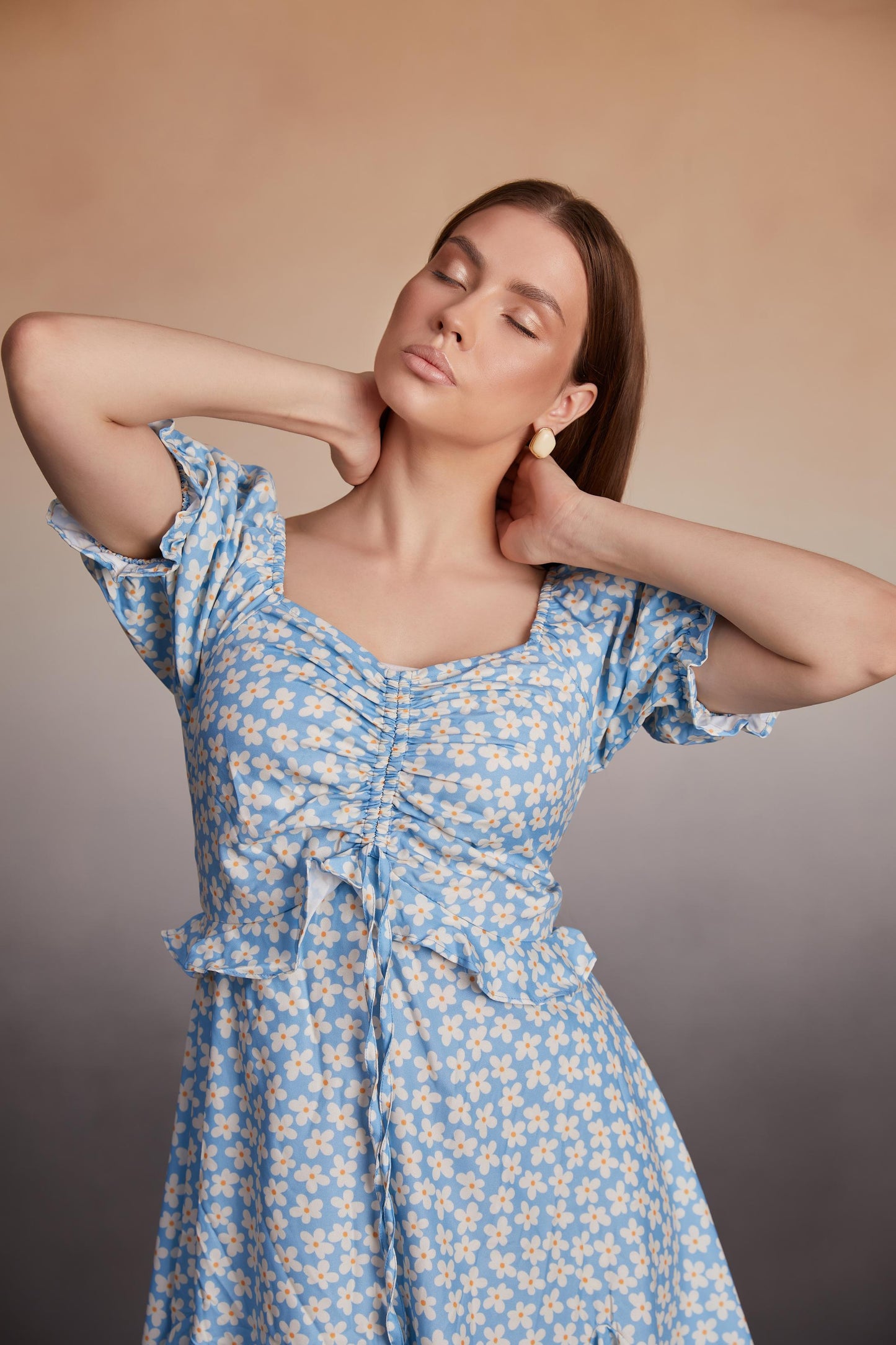 Daisy Print Rushed A-Line Mini Dress