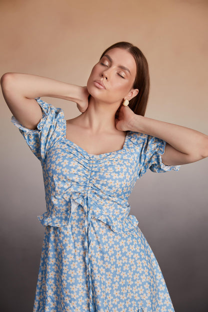 Daisy Print Rushed A-Line Mini Dress