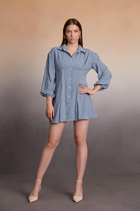 Button-Down Textured Mini Shirt Dress
