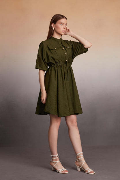 Button-Down Utility Mini Dress with Drawstring Waist