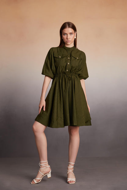 Button-Down Utility Mini Dress with Drawstring Waist