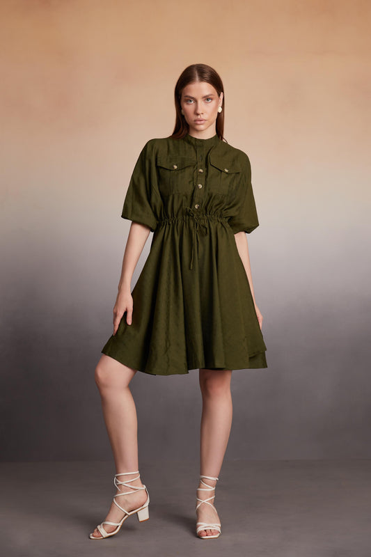 Button-Down Utility Mini Dress with Drawstring Waist