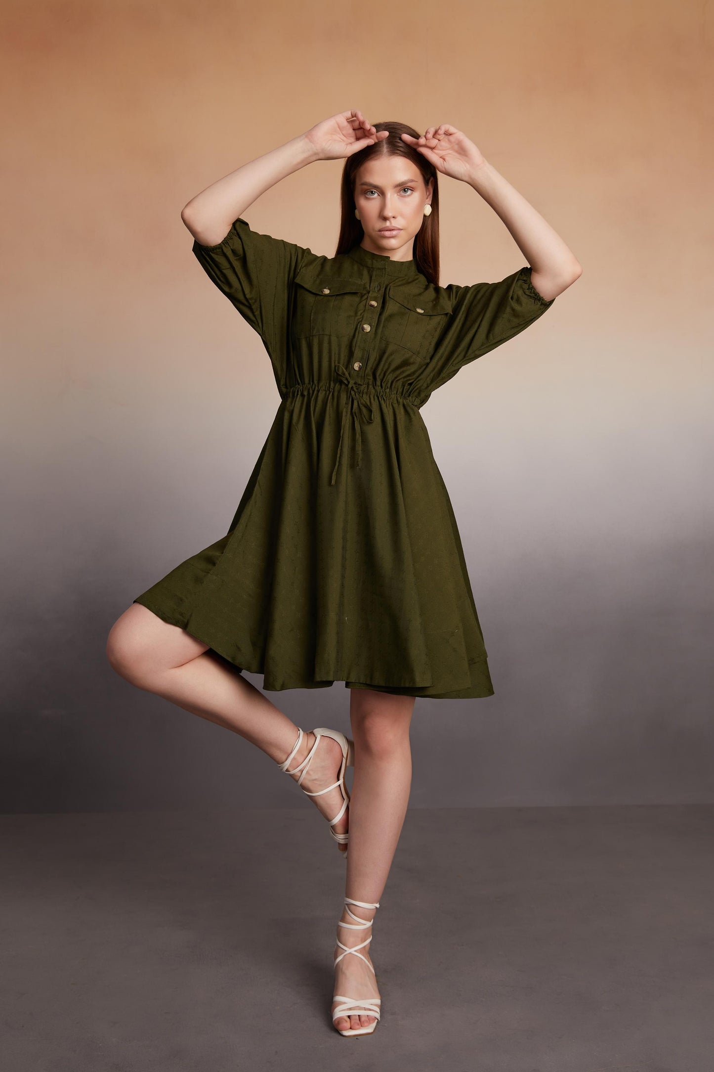 Button-Down Utility Mini Dress with Drawstring Waist