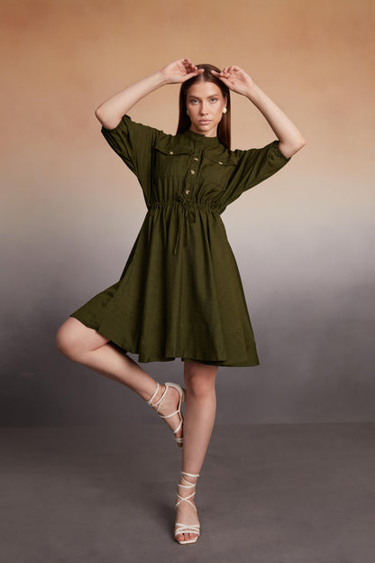 Button-Down Utility Mini Dress with Drawstring Waist