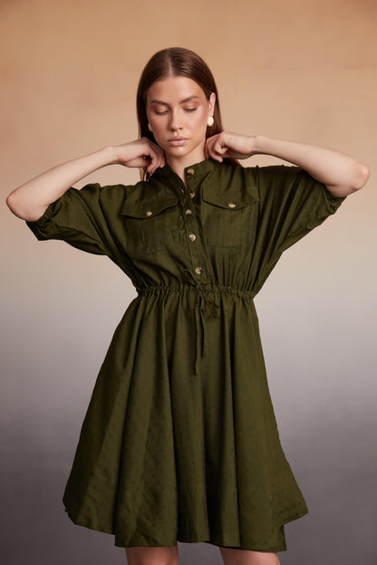 Button-Down Utility Mini Dress with Drawstring Waist