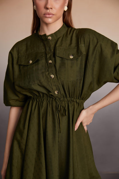 Button-Down Utility Mini Dress with Drawstring Waist
