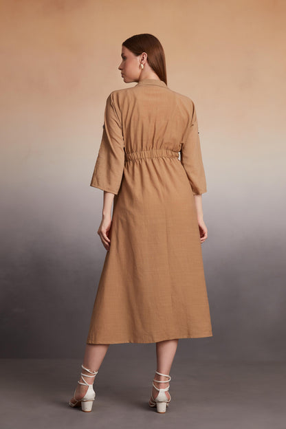 Long-Sleeve Midi Shirt Dress with Elastic Waist