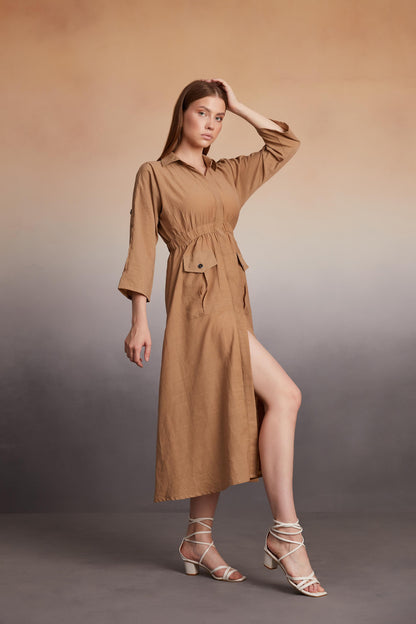 Long-Sleeve Midi Shirt Dress with Elastic Waist