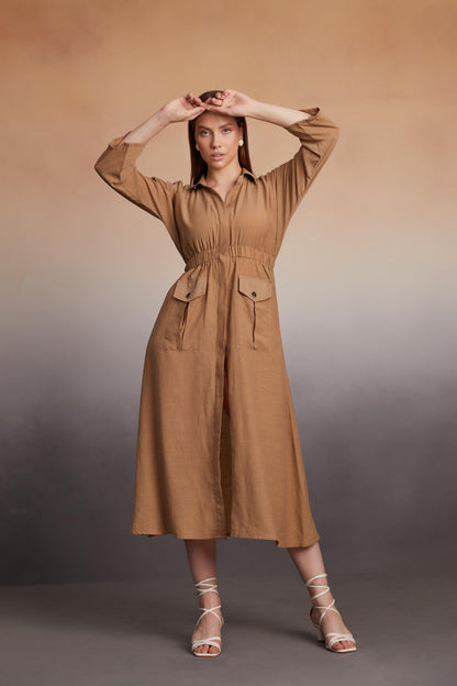Long-Sleeve Midi Shirt Dress with Elastic Waist