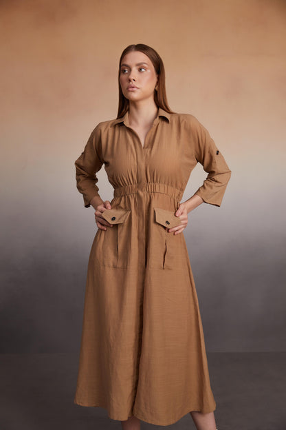 Long-Sleeve Midi Shirt Dress with Elastic Waist