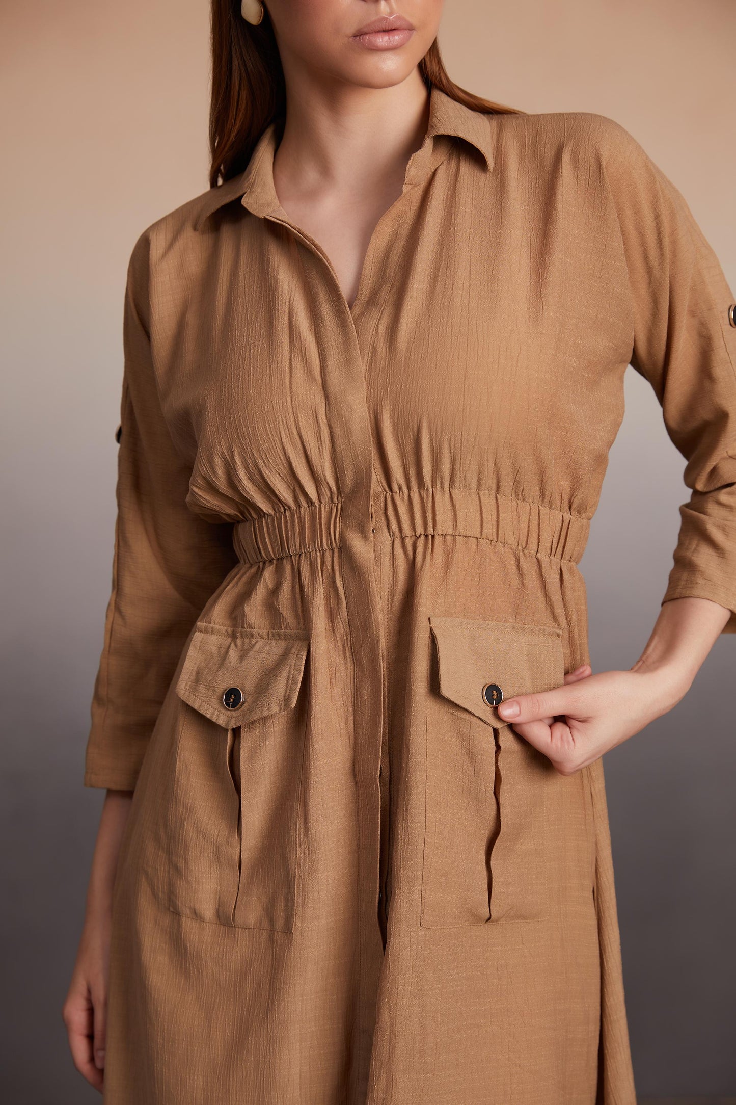 Long-Sleeve Midi Shirt Dress with Elastic Waist