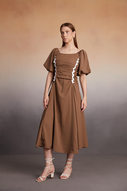 Square-Neck Ruched Midi Dress with Puff Sleeves