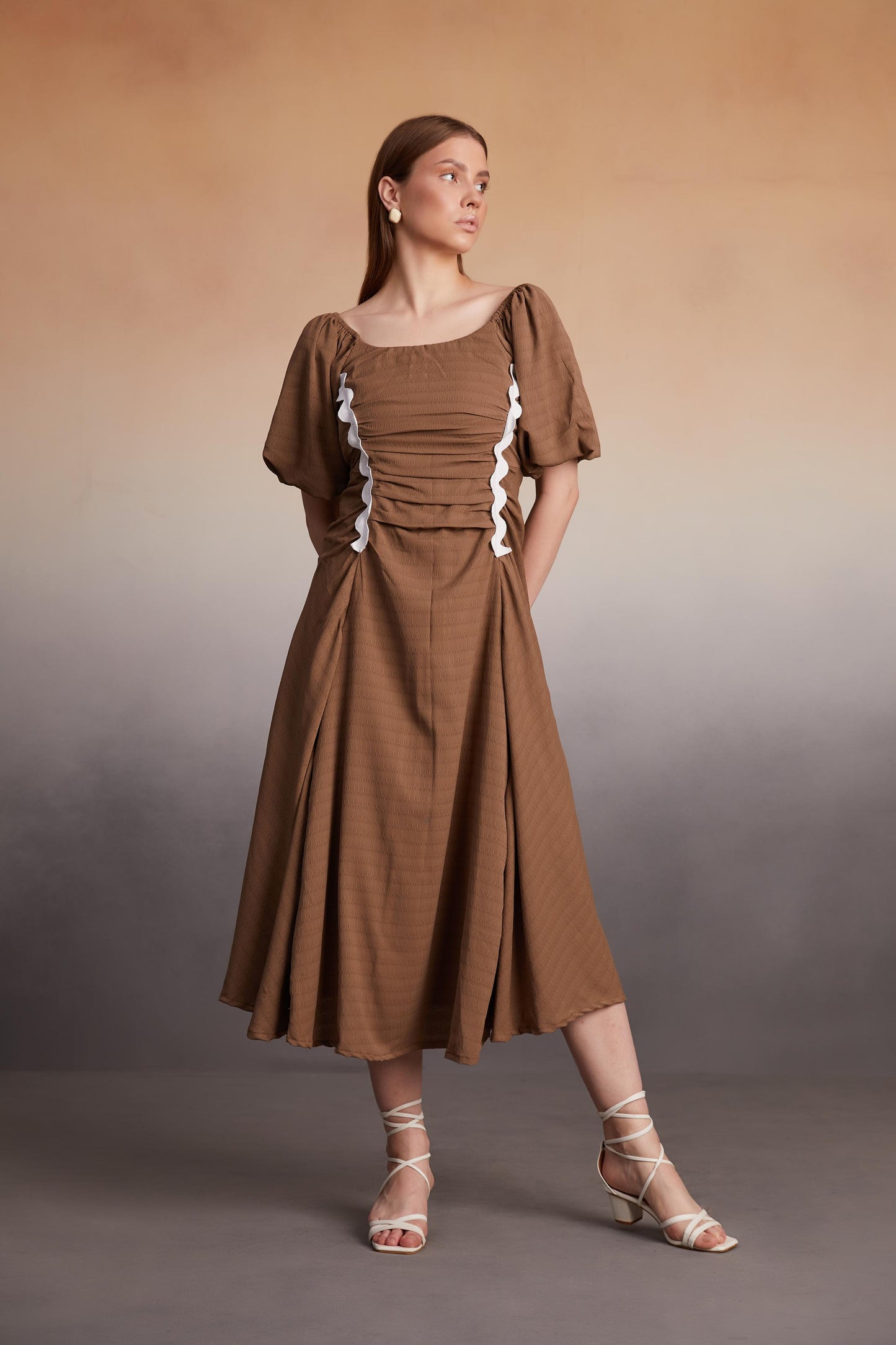 Square-Neck Ruched Midi Dress with Puff Sleeves