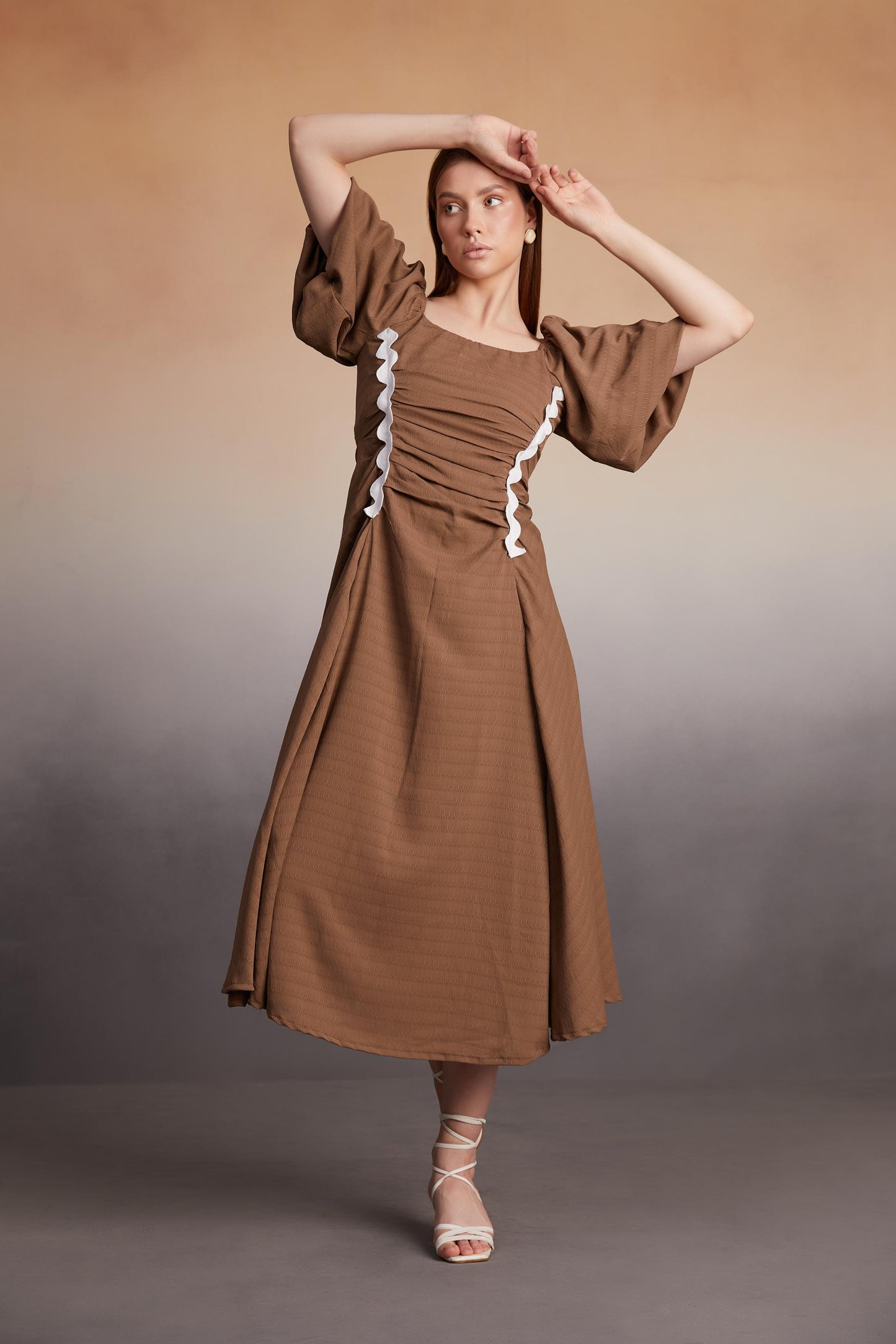 Square-Neck Ruched Midi Dress with Puff Sleeves