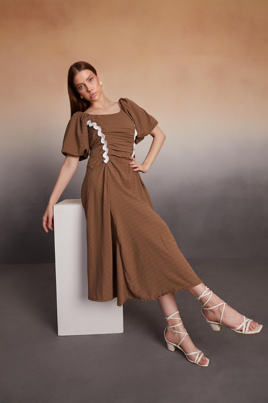Square-Neck Ruched Midi Dress with Puff Sleeves