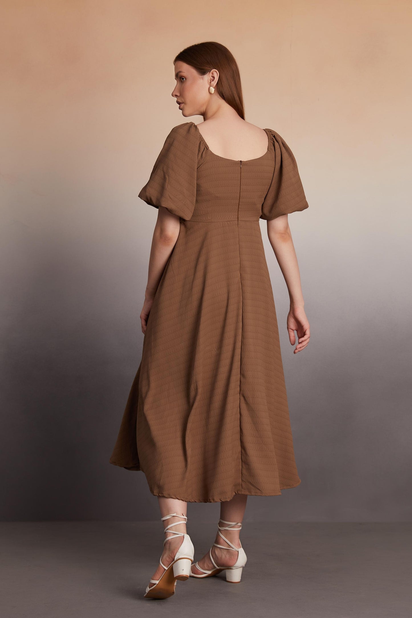 Square-Neck Ruched Midi Dress with Puff Sleeves